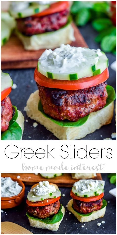 Greek Sliders | These easy Greek Sliders make an awesome appetizer recipe for parties. Make this football party food when you watch the game or serve them as an easy appetizer recipe at a cookout. These grilled Greek sliders are grilled burgers topped with homemade tzatziki to make a delicious slider!  AD |  GreaterOutdoors | Ownyourparty @biggreenegg @aussiebeeflamb Greek Canapes, Mediterranean Sliders, Greek Finger Food, Greek Sliders, Greek Food Party, Party Food Appetizers Easy, Santorini Party, Football Party Food Appetizers, Mediterranean Bar