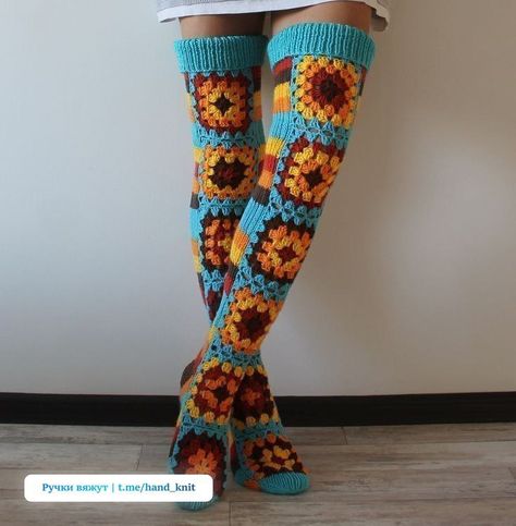 Crochet Granny Square Socks, Granny Square Socks, Interesting Crochet Projects, Funky Crochet Projects, Wool Crochet Projects, Crochet Granny Square Projects, New Crochet Ideas, Crochet Thigh High Socks, Crocheted Socks