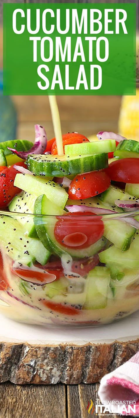 Cucumber Tomato Salad is the best of summer's harvest, featuring crisp cucumbers and tomatoes tossed in a creamy lemon poppy seed dressing. Cucumbers Salad, Special Salad, Leek Frittata, Hobo Dinner, Lemon Poppy Seed Dressing, Cucumbers And Tomatoes, Tomato Salad Recipes, The Slow Roasted Italian, Poppy Seed Dressing