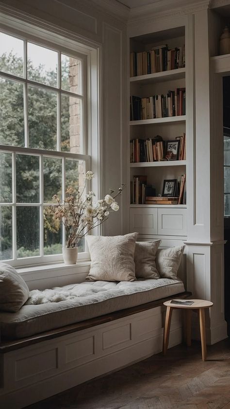 8. 15 Small Space Reading Nook Ideas for Tiny Homes 32 Window Sill Book Nook, Bedroom Ideas With Reading Nook, Daybed Nook Ideas, Sitting Area Under Window, Window Seat With Built In Bookcases, Top Of Stairs Reading Nook, Large Window Reading Nook, Window Bench Bed, Window Nook Curtains