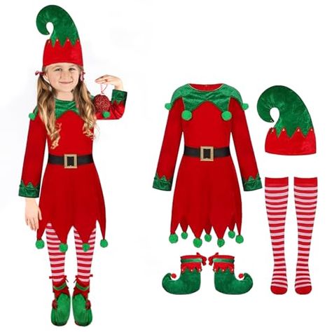 REIWIDE Kids Girl Christmas Elf Costume: Velvet Dress Santa Helper Costume Xmas Festive Outfit Santa's Helper Costume, Christmas Elf Costume, Elf Costume, Santa Helper, Girl Christmas, Christmas Girl, Christmas Dress, Christmas Elf, Festival Outfits