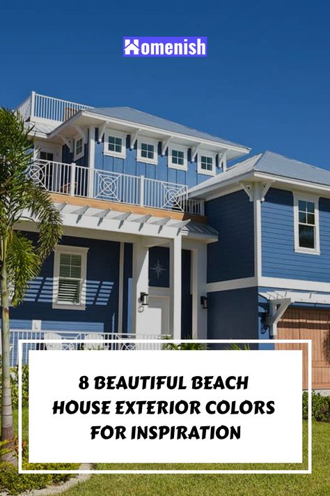 The exterior of a coastal property should complement the natural surroundings, which is why so many beach houses have blue siding. However, there is a wide range of color options that can be stunning in a seaside environment, whether you want to stand out from the crowd or blend into the background. Navy Beach House Exterior, Beach House Blue Exterior, Beach Exterior House Colors, Coastal House Colors Exterior, Luxury Beach House Exterior, Beach House Colors Exterior, Seaside House Exterior, Blue Beach House Exterior, White Beach House Exterior