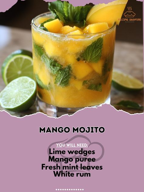 🥭 "Refreshing and tropical, the Mango Mojito is a perfect escape in a glass!" 🍹🌴 #MojitoMadness #MangoLovers Mango Mojito Ingredients: Fresh mint leaves (10) Lime wedges (4) Mango puree (½ cup) White rum (2 oz) Club soda (4 oz) Ice cubes Sugar (2 tsp) Instructions: Muddle mint leaves, lime wedges, and sugar in a glass. Add mango puree and white rum. Fill the glass with ice. Top with club soda and stir gently. Garnish with additional mint and a slice of lime. 🍹 "The Mango Mojito is a refre... Mojito Ingredients, Mango Mojito, Cocktail Party Food, Slice Of Lime, Mango Puree, Delicious Cookie Recipes, White Rum, Club Soda, Fresh Mint Leaves