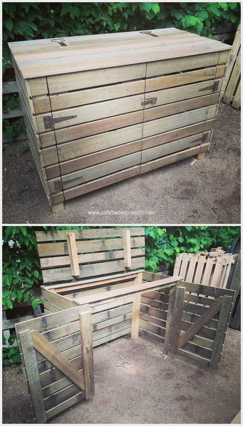 Trash Can Storage Outdoor, Garbage Can Storage, Garbage Storage, Pallet Storage, Can Storage, Recycled Pallets, Old Pallets, Wood Pallet Projects, Wooden Wall Decor