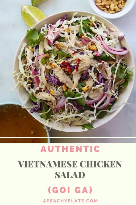 Crunchy, tangy, full of umami flavored goodness in this goi ga. Mom’s authentic Vietnamese chicken salad recipe that’s delicious and sure to satisfy. #Vietnamesefood #goigarecipe #vietnemasechickensalad #goiga #vietnamesesalad Vietnamese Chicken Cabbage Salad, Yum Yai Salad, Vietnamese Salad Recipes, Salad Asian, Vietnamese Chicken Salad, Vietnamese Salad, Easy Vietnamese Recipes, Boiled Chicken Recipes, Japanese Salad