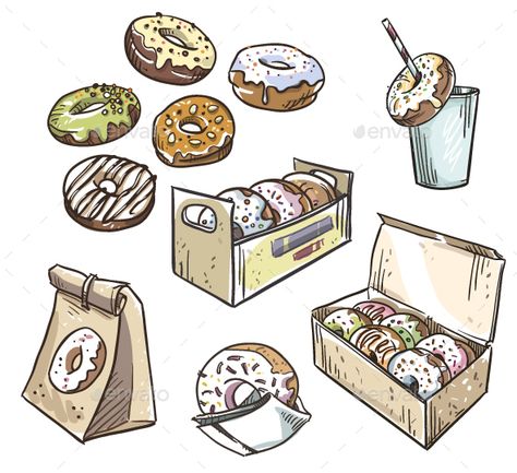 Box Of Donuts Drawing, Snack Sketch, Donut Sketch, Doughnut Drawing, Snack Drawing, Packaging Drawing, Hands Cupped, Dessert Donut, Donut Drawing