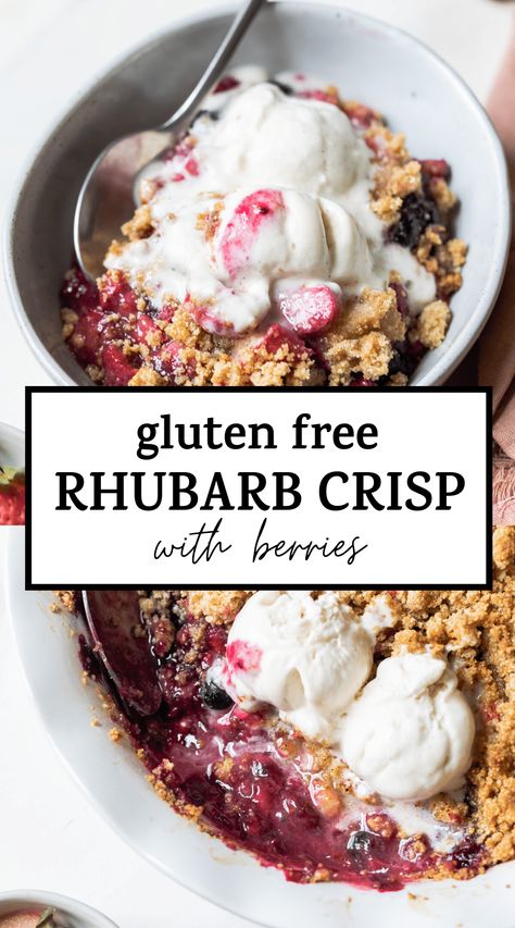 Learn how to make this easy GLUTEN FREE RHUBARB CRISP! It's made with fresh rhubarb and berries and topped with the most delicious almond flour crumble #rhubarb #glutenfree #dessert #rhubarbcrisp Gluten Free Rhubarb Crisp, Strawberry Rhubarb Cobbler, Gluten Free Crisps, Rhubarb Cobbler, Fresh Rhubarb, Strawberry Rhubarb Crisp, Rhubarb Crisp, Rhubarb Recipes, Crisp Recipe