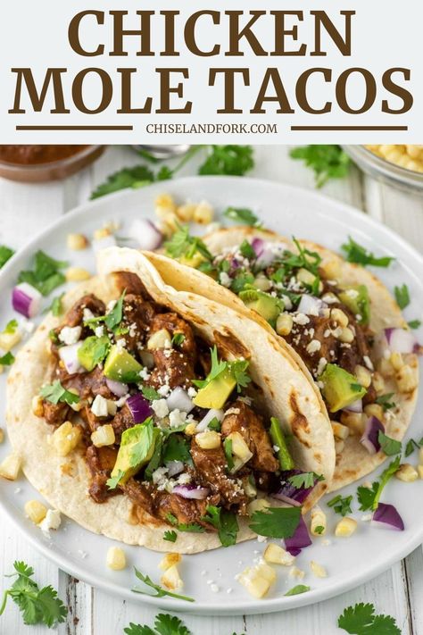 Easy Mole Sauce, Mole Tacos, Mole Chicken, Chicken Mole Recipe, Poblano Chicken, Rotisserie Chicken Tacos, Mole Recipe, Spicy Shrimp Tacos, Entree Dishes