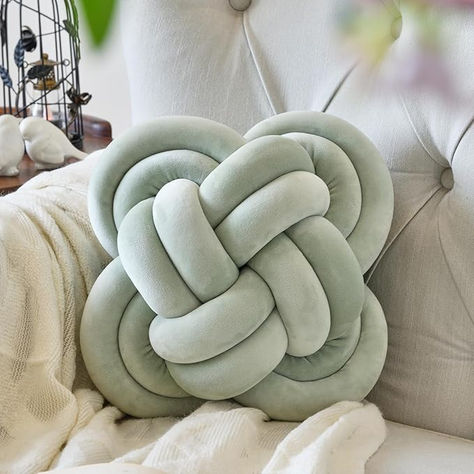 Xuyier Knot Pillow Ball, Decorative Throw Pillows with Velvet Fabric for Couch Bed, 12" Decor Knotted Square Floor Pillow Cushions for Living Room (12 Inches, Sage Green) Green And White Pillows, Cream Couch Green Pillows, Throw Cushions Living Room, Light Green Room Decor, Sage Green Bedroom Ideas Accent Colors, Light Green Room Aesthetic, Sage Room Decor, Sage Green Throw Pillows, Green Room Decor Aesthetic