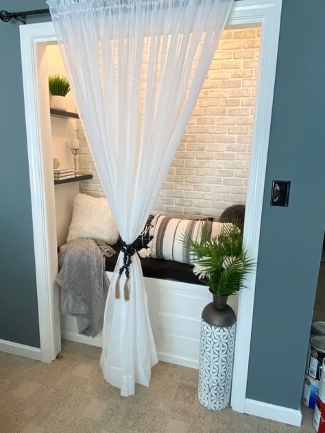 Reading Nook In Bedroom Closet, Closet Into Book Nook, Reading Book In Closet, Nook Closet Ideas, Closet Zen Space, Closet Reading Nook Diy, Closet Turned Book Nook, Closet Cozy Nook, Unused Closet Ideas