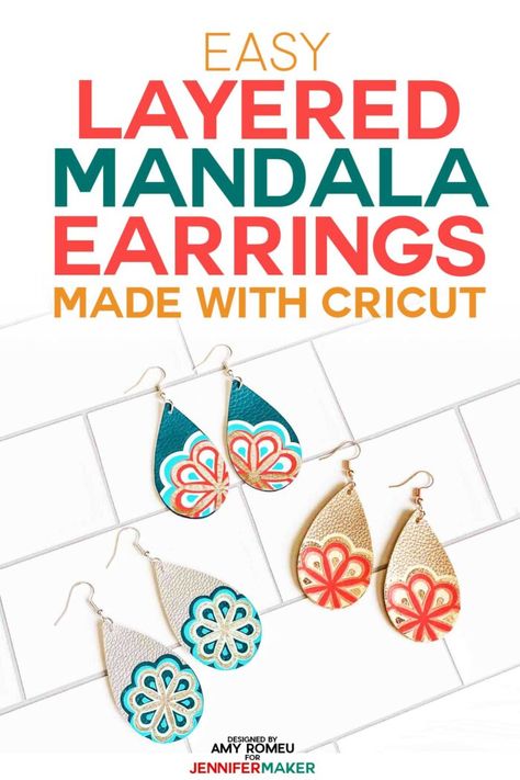 Cricut Earring Designs with Layered Mandala Iron-on Vinyl over Faux Leather Teardrops Free Earring Svg Files For Cricut, Cricket Jewelry, Piercing Jewelry Ideas, Cricut Leather, Leather Keyrings, Cricut Jewelry, Sellable Crafts, Gift Ideas Jewelry, Cricut Earrings