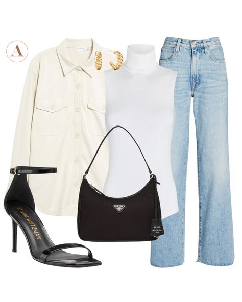 White sleeveless mock neck top, straight jeans, and ivory vegan leather shirt jacket. #StyledbyAlexIsabel #personalstylist #virtualstylist #fashionstylist #wardrobestylist #outfitideas #casualfalloutfits #YSL #prada Ysl Look, Ysl Outfit, Leather Shirt Jacket, Fall Style Guide, Sleeveless Mock Neck, Elevated Casual, Black Thigh High, Wardrobe Stylist, Sleeveless Turtleneck