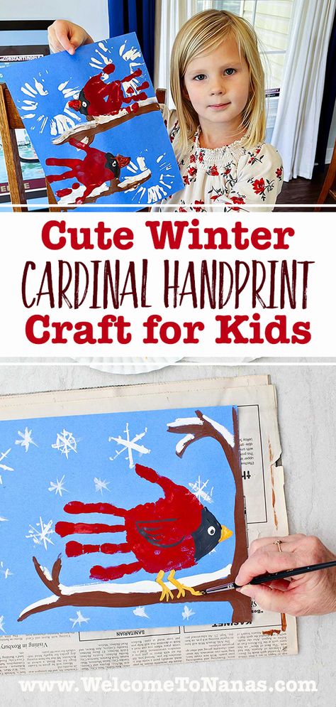 This Cardinal Handprint Craft preserves a precious child’s handprint as a picture of a cardinal. Kids will love making cardinals sitting on a branch in the winter snow, plus it makes a special DIY card or gift for Christmas! #WelcometoNanas #HandprintCardinal #HandprintArtProject #ArtProjectforKids Hand Print Birds, Handprint Cardinal For Kids, Snow Handprint Craft, Cardinal Handprint Craft Kids, Kids Handprint Art Christmas, Cardinal Handprint Craft, Handprint Cardinal, Cardinal Template, Winter Handprint Art