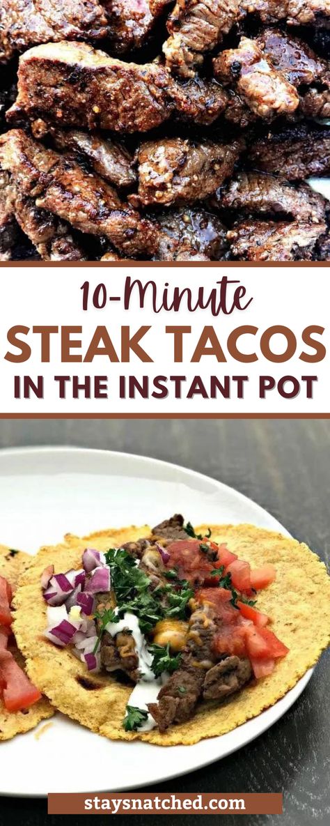 Tantalizing Instant Pot steak tacos make a delicious and convenient meal. Tender steak pieces cooked to perfection in the Instant Pot, served with crema, salsa and tomatoes in a warm, corn tortilla. Enjoy the flavor explosion! Quick and easy 10-minute Instant Pot steak tacos are a healthy and skinny meal. Tacos Carne Asada, Instant Pot Steak, Pressure Cooker Steak, Minute Steak, Minute Steaks, Electric Pressure Cooker Recipes, Steak Tacos, Juicy Steak, Instapot Recipes