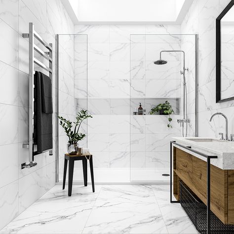 White Marble Tile Bathroom, White Marble Bathrooms, Marble Tile Bathroom, White Marble Tiles, Floor Tile Design, Bad Inspiration, Bathroom Renos, Coimbatore, Marble Effect