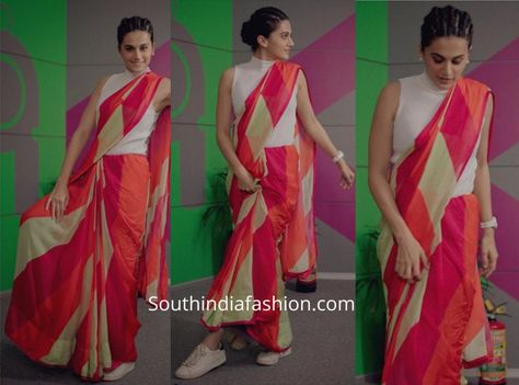 Taapsee Pannu wore a color blocked saree by Abhinav Mishra teamed up with a white turtle neck top. Mission mangal promotions Saree With Turtle Neck Top, Turtle Neck Blouse Saree, White Turtle Neck Top, Abhinav Mishra, White Turtle Neck, Taapsee Pannu, Latest Designer Sarees, Cornrow Hairstyles, Blouse Design Models