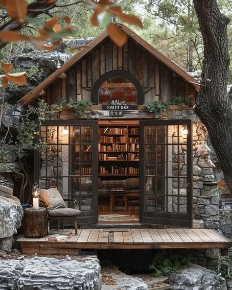 Reading Shed Ideas, Gothic She Shed, Witchy She Shed, She Shed Library, Shed Library, Reading Shed, Library Cottage, Book Shed, Spooky Bar