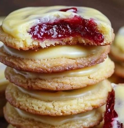 Cookies With Jelly, Optimal Recipes, Cherry Cookies Recipes, Lemon Glaze Recipe, Raspberry Thumbprint Cookies, Lemon Cookies Recipes, Lemon Frosting, Cherry Cookies, Chocolate Oats