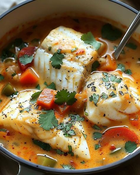 Kellant J. Houts Fish Recipes With Coconut Milk, Fish In Coconut Milk, Fish Soup Recipe, Fish Stew Recipes, Coconut Fish, Coconut Milk Soup, Gravy Ingredients, Carrots Potatoes, Fish Fillets