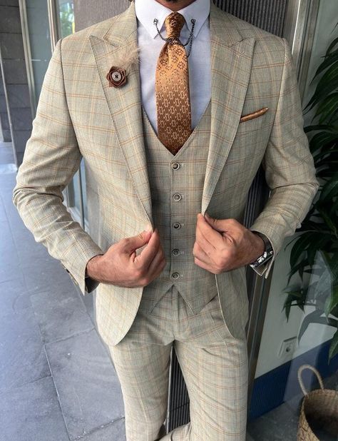 Men Suits Camel Brown 3 Piece Slim Fit Two Button Wedding Groom Party Wear Coat Pant, Camel Brown Plaid Suit for Men, Slim Fit Italian Suit by GentwithStore on Etsy Tan Suits, Beige Suit, Men's Office, Striped Suit, Beige Suits, Pants Gift, Beige Plaid, Business Suits, Wedding Inspired