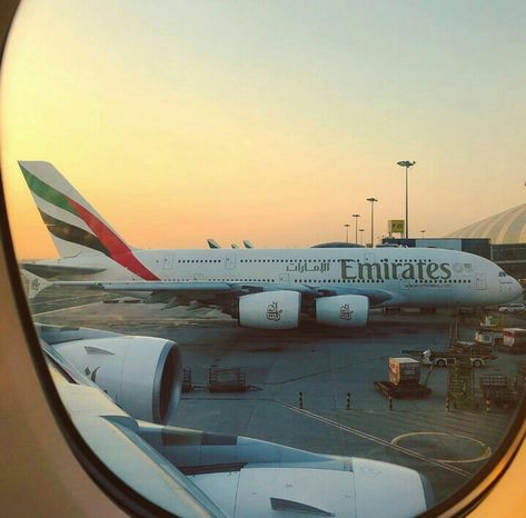 Emirates A-380 at Dubai international airport Emirates Airport Aesthetic, Emirates Airline Aesthetic, Emirates Aesthetic, Emirates Plane, Emirates Airways, Airport Images, A380 Emirates, Plane Window View, Emirates A380