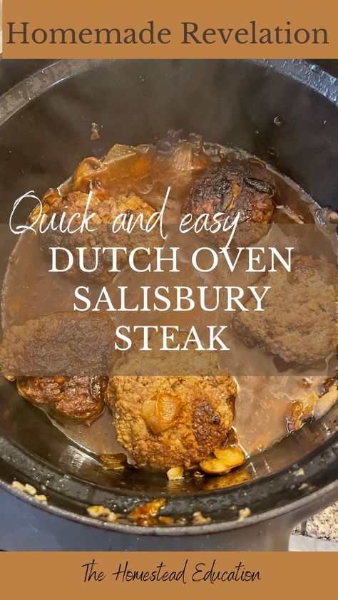 This Salisbury steak is a crowd pleaser! #dutchoven #dinner Oven Salisbury Steak, Steak For A Crowd, Dutch Dishes, Homemade Salisbury Steak, Easy Salisbury Steak, Baked Steak, Brown Gravy Mix, Salisbury Steak, Onion Soup Mix