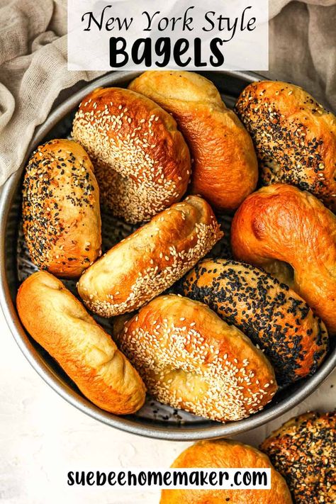 Homemade New York Style Bagels are large and chewy, achieved through a brief boiling process. These bagels are made with simple ingredients including yeast, sugar, water, bread flour, and salt, and are often topped with sesame seeds or everything bagel seasoning! Salt Bagel Recipe, Garlic Sourdough Bread, Garlic Sourdough, New York Style Bagels, Water Bread, Ny Bagel, Bagel Bread, New York Bagel, Everything Bagel Seasoning