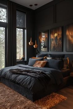 Dark Modern Bedroom, Black Walls Bedroom, Dramatic Bedroom, Dark And Moody Bedroom, Moody Bedroom Ideas, Black Room Decor, Bedroom Dark, Moody Bedroom, Dark Bedroom