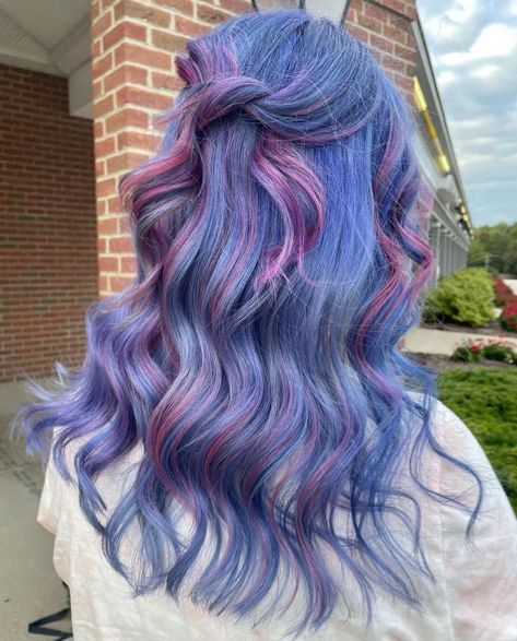 Blue Purple Pink Hair, Pink Purple Blue Hair, Purple Blue Hair, Purple Hair Streaks, Hand Painted Nail Designs, Painted Nail Designs, Pink And Blue Hair, Iridescent Hair, Long Purple Hair