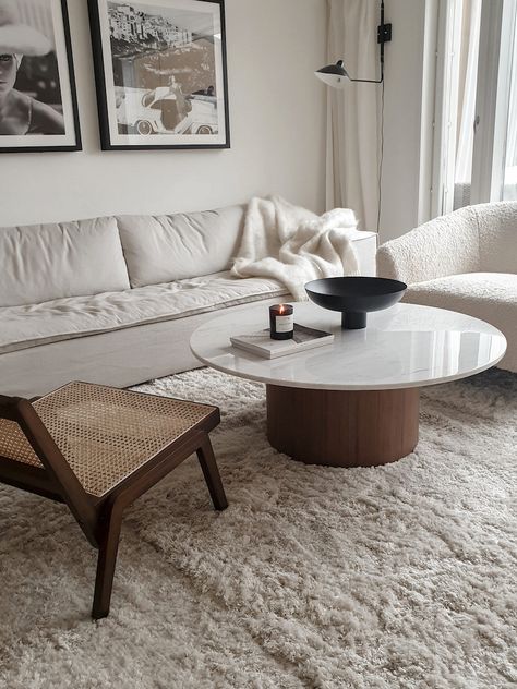 Modern Chic Coffee Table, Marble Circular Coffee Table, Round Marble Wood Coffee Table, Round Coffee Marble Table, Coffee Table Round Marble, Marble Wood Living Room, Coffee Table White Marble, How To Style A Round Marble Coffee Table, Scandinavian Coffee Table Decor