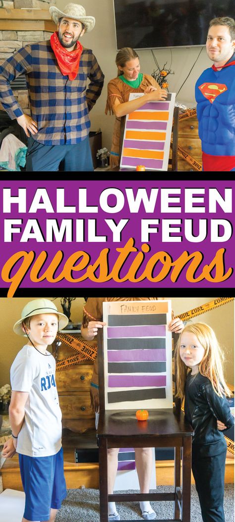 DIY Halloween family feud complete with funny questions for kids and adults! Perfect for a Halloween party or just a Halloween game to play with your family! One of the most fun Halloween games out there! Family Feud Halloween, Halloween Family Feud, Family Feud Questions, Halloween Questions, Thanksgiving Games For Adults, Questions For Kids, Family Feud Game, Fun Halloween Games, Teen Party Games