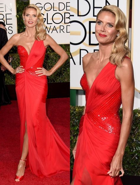 Heidi Klum Golden Globes 2015 in Versace Golden Globes 2015, 2010s Nostalgia, Heidi Klum, Golden Globes, Dress Red, Red Dress, Versace, Globe, Red