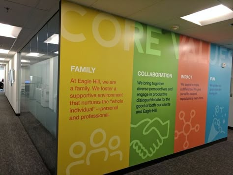 Sticker Designs Ideas, Mission Statement Design, School Reception, Office Wall Graphics, Company Core Values, Corporate Values, Office Wall Design, Industrial Office Design, Office Signage