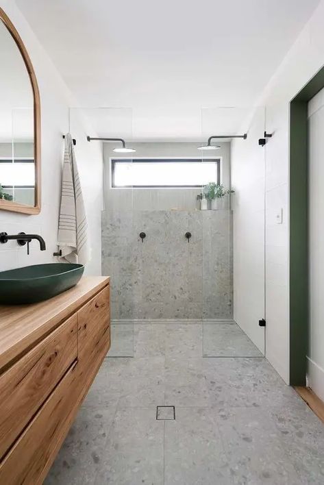 63 Eye-Catching Terrazzo Bathroom Decor Ideas - DigsDigs Concrete Floor In Bathroom, Funky Bathroom Tile, Mixed Tile Bathroom, Grey Bathroom Floor Tile Ideas, Bathroom Gray Floor, Terazzo Floor Interior, Grey Floor Bathroom, Terrazo Tile Bathroom Ideas, Terrazo Tiles Bathroom