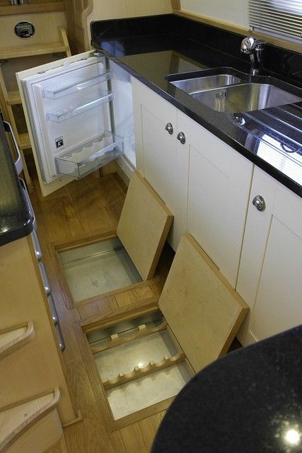 Tiny Home Sink Ideas, Canal Boat Storage Ideas, In Floor Storage, Narrow Boat Kitchen, Boat Kitchen Ideas, Narrowboat Storage Ideas, Floor Storage Ideas, Narrow Boat Interior Ideas, Narrowboat Storage