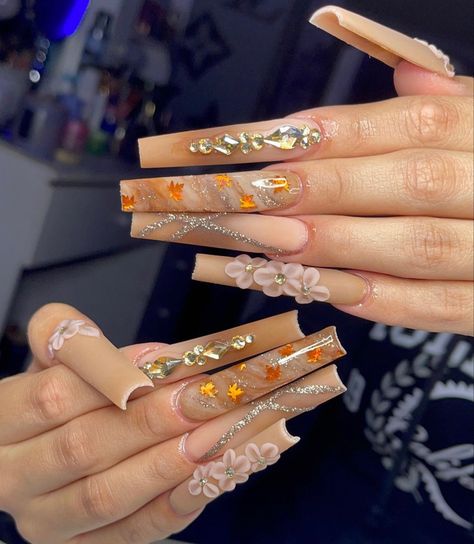 C Nails Acrylic, Extra Fall Nails, Fall Nails Extra, Fall Nails Bling, Best Fall Acrylic Nails, Long Fall Acrylic Nails, Cute Fall Acrylic Nails, Girly Fall Nails, Fall Bling Nails