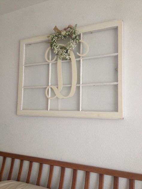 Window Pane , Monogram Letter #shabbychic #window pane #bedroomdecor Window Pane Decor, Window Frame Decor, Brighten Room, Single Hung Windows, Wooden Window Frames, Bow Window, Family Wall Decor, Window Projects, Window Pane