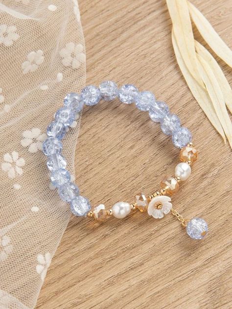 Fairy Bracelets, Girly Bracelets, Inexpensive Jewelry, Pretty Jewelry Necklaces, Blue Beaded Bracelets, Wrist Jewelry, Play Button, Pearl Decor, Beads Bracelet Design