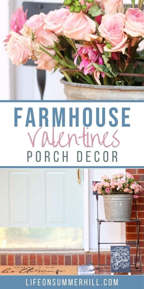 Farmhouse Valentine's porch decor ideas. Simple ideas to decorate your front porch for Valentine's day. Small porch decorations like signs, flowers, chair, layered rugs. Easy and best decorating ideas for your stoop, large or small porch. Greet guests with these adorable and charming ideas using old vintage pieces like a galvanized bucket full of roses for a floral delight. An old french bistro cafe chair and herringbone rug and doormat. Farmhouse Valentine Porch Decor, February Porch Decor, Valentine Front Porch Ideas, Valentine Porch Decorating Ideas, Valentines Front Porch Decor, Valentines Porch Decor, Valentine Porch Decor, Valentine Porch, Farmhouse Projects