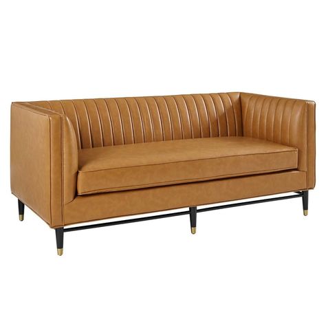 Introduce the flowing lines of the Devote Channel Tufted Vegan Leather Loveseat to your living room, bedroom, or office decor. Putting a retro twist on classic tufting, this loveseat is enriched with vertical channel tufting that adds visual depth and glam deco style to any space. This two-seater sofa is upholstered in vegan leather and padded in dense foam for a premium seating experience. Durably crafted, this loveseat rests atop black rubberwood legs with gold stainless steel sleeves that add Tan Leather Sofas, Tufted Loveseat, Velvet Loveseat, Tufted Leather, Mid Century Sofa, Tufted Sofa, Leather Loveseat, Modway Furniture, Sofa Sale