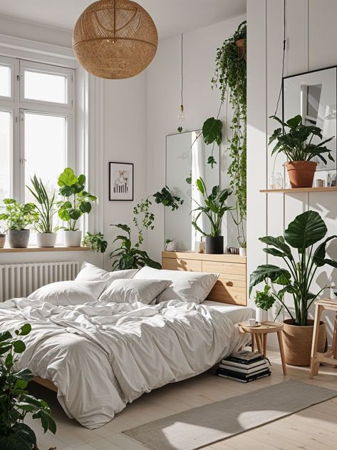 All White Room With Plants, Bedroom Plants And Greenery Ideas, Plant Filled Bedroom, Bedroom With White Bed, Indian Style Bedroom, Scandinavian Cabin Interior, Bedroom With Plants, Decorated Bedroom, Green And White Bedroom