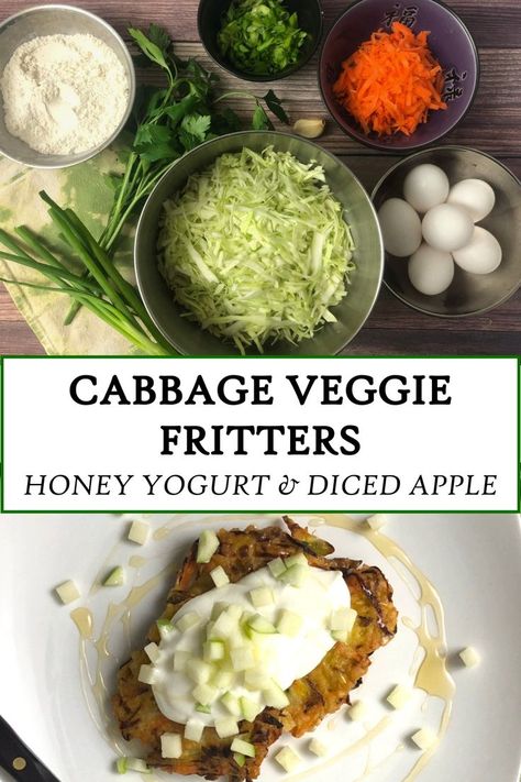 From Humble to Delicious: Transforming Cabbage into Mouthwatering Veggie Fritters Cabbage Fritters, Sliced Cabbage, Apple Topping, Greek Yogurt Sauce, Veggie Fritters, Honey Yogurt, Diced Apples, Fritter Recipes, Yogurt Sauce