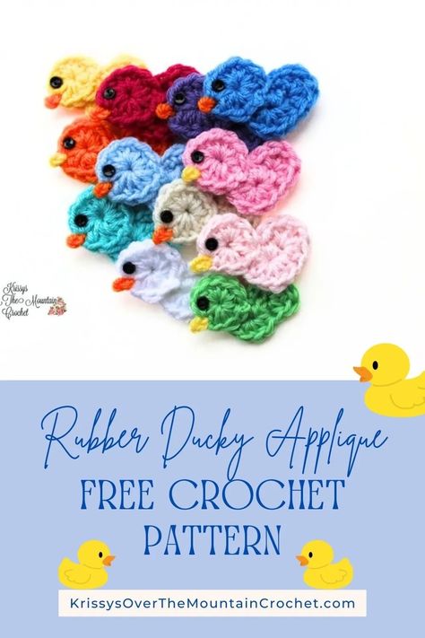 Rubber Ducky Applique Free Crochet Pattern - Krissys Over The Mountain Crochet Crochet Duck Applique Pattern Free, Crocheted Rubber Duckie, Crochet Duck Applique, Crochet Chicken Applique, Sew Hair Accessories, Duck Applique, Mountain Crochet, Free Adult Coloring Printables, Crochet Duck