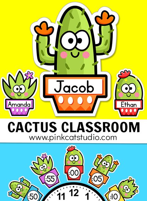 Create a fun cactus classroom with Pink Cat Studio's cactus theme decor and teacher tools! Adorable name tags and clock labels as well as tools for attendance, making groups, centers rotations, score keeping and more! Perfect for kindergarden and first grade classrooms with a succulent theme. #cactusclassroom #succulenttheme #kindergarten #1stGrade Preschool Cactus Theme, Classroom Cactus Decor, Classroom Cactus Theme, Cactus Themed Classroom, Cactus Name Tags, Llama Classroom Theme, Cactus Classroom Theme, Cute Name Tags, Succulent Classroom