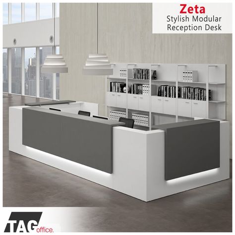 Zeta is a simply stunning Italian design modular reception desk range which oozes class and sophistication. Available as a single person reception desk or on a larger scale for multiple users, Front Office Furniture, Modern Office Reception Desk, Tropical Reception, Office Reception Counters, Modern Reception Desk Design, Modern Office Reception, Studio Medico, Contemporary Office Furniture, Office Reception Area