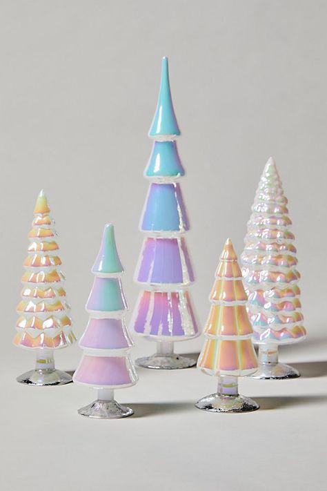 Hue Glass Tree Set Pastel Apartment, Iridescent Christmas, Kitschy Christmas, Christmas Decs, Cody Foster, Renovation Inspiration, Xmas 2024, Pastel Christmas, Handcrafted Ornaments