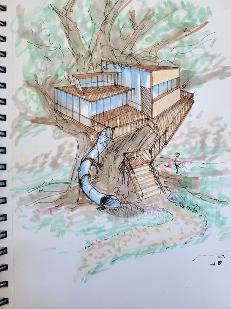 Today's quick sketch: tree house Tree House Sketch, Tree House Drawing, Pool Drawing, Architecture Sketches, Tree House Diy, Tree House Designs, House Sketch, House Drawing, House Diy