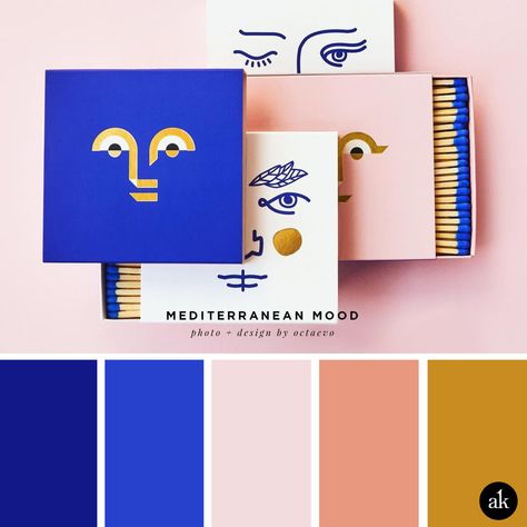 a Mediterranean-matchbox-inspired color palette // Mediterranean blue, blush / pink, salmon, gold // photo and design by octaevo Visuell Identitet, Modern Brands, Graphisches Design, Coban, Blue Palette, Brand Color Palette, Blue Colour Palette, Color Palette Design, Color Psychology