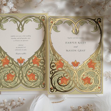 This Golden Heart Art Nouveau Wedding Invitation is a romantic tribute to love, artfully blending cream, sage green, and warm orange tones with golden foil accents. The front of the invitation showcases an intricate heart-shaped design, composed of elegantly stylized floral and leaf patterns, which tenderly frames the names of the couple. The design is bordered by a graceful gold foil outline that adds a touch of luxury. On the back, the heart motif is continued, enclosing the wedding details in a loving embrace. This design captures the essence of Art Nouveau with its flowing lines and natural forms, making it an ideal announcement for couples who desire a touch of vintage elegance on their special day. Art Nouveau Wedding Jewelry With Intricate Design, Art Nouveau 14k Gold Wedding Jewelry, Art Nouveau Wedding Inspiration, Art Nouveau Wedding, Wedding Invitation Art Nouveau, Art Nouveau Invitation, Art Nouveau Wedding Invitation, Bookplate Design, Heart Wedding Invitations