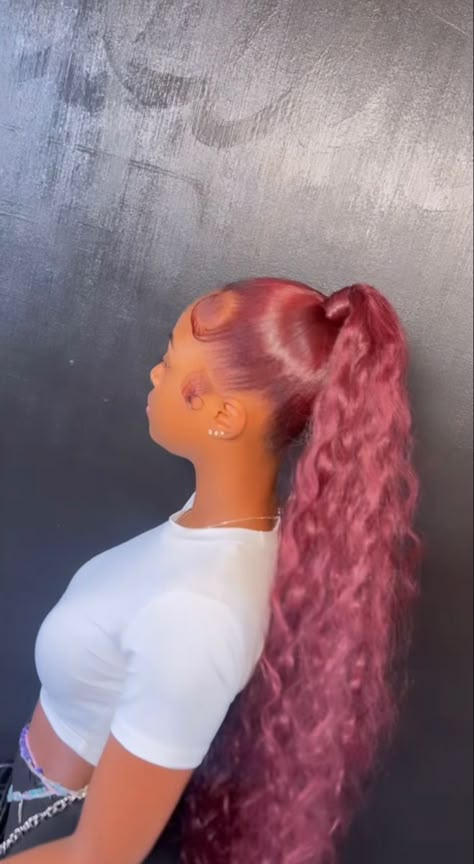 Burgundy Ponytail, Red Hair Ponytail, Cute Ponytail Styles, Red Weave Hairstyles, Cute Ponytail Hairstyles, Slick Ponytail, Teenage Hairstyles, Natural Hair Bun Styles, Sleek Ponytail Hairstyles